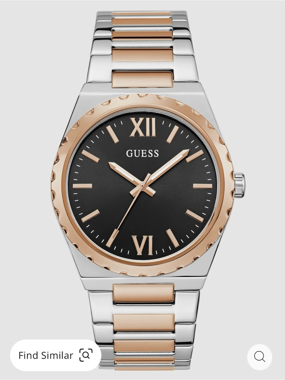 GUESS Two-Tone Silver and Rose Gold Men's Watch with Black Dial